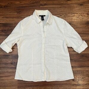 Silk Land White Linen Button Up Shit Lightweight Quilted‎ Texture Embroidered L